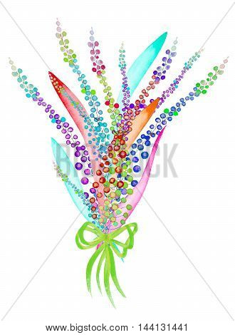 An illustration with a bouquet of the beautiful watercolor abstract variegated mimosa flowers and leaves, hand-drawn in a watercolor on a white background