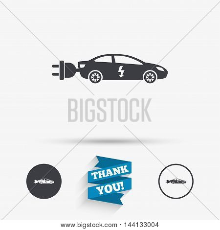 Electric car sign icon. Sedan saloon symbol. Electric vehicle transport. Flat icons. Buttons with icons. Thank you ribbon. Vector