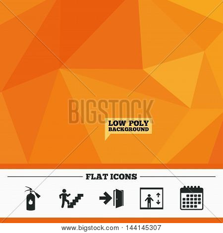 Triangular low poly orange background. Emergency exit icons. Fire extinguisher sign. Elevator or lift symbol. Fire exit through the stairwell. Calendar flat icon. Vector