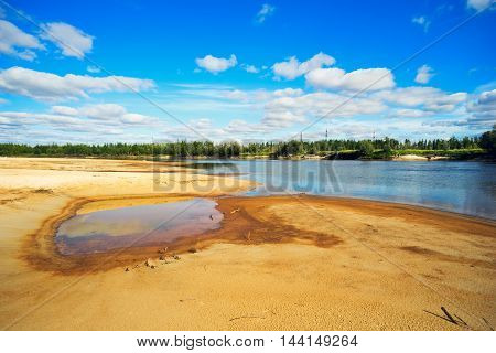 Sand Bars On The River Agan . Summer Landscape.