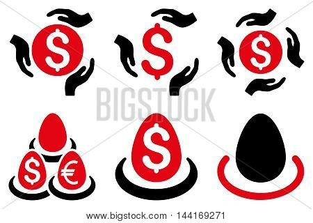 Dollar Deposit Care vector icons. Pictogram style is bicolor intensive red and black flat icons with rounded angles on a white background.