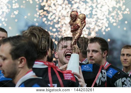 KLAGENFURT, AUSTRIA - JULY 11, 2015: DL Reinhard Pardeller (#98 Raiders) celebrates the victory after a game of the Austrian Football League.