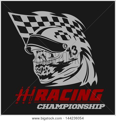 Vintage Skull Checkered Flags Racing - vector emblem