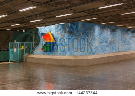 STOCKHOLM-SWEDEN-2014-04-26.Art in Stockolm underground. Stadion metro station is on the red line of the Stockholm metro located in the district of Ostermalm.The station was opened in 1973.