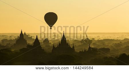 Hot air balloon over Ancient buddhist temples of Bagan in Myanmar