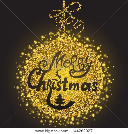 Golden glitter Christmas ball with Merry Christmas lettering inside.Vector illustration with Merry Christmas text.
