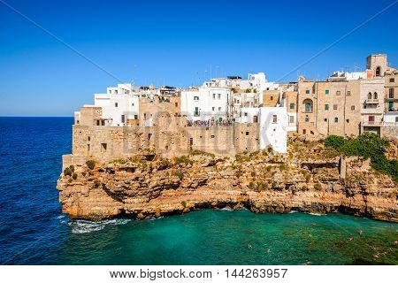 Puglia Italy. Sunset scenery of Polignano a Mare town in the province of Bari Apulia southern Italia on the Adriatic Sea