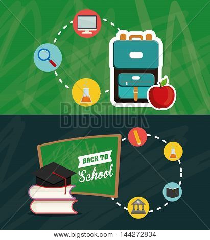 bag lupe flask building cap back to shool education  icon set. Colorful and grunge design. Vector illustration