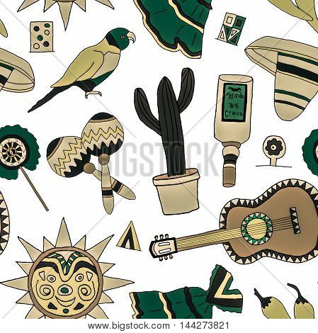Seamless pattern with hand drawn mexican elements. Perfect background for your design. Travel to Mexico texture.