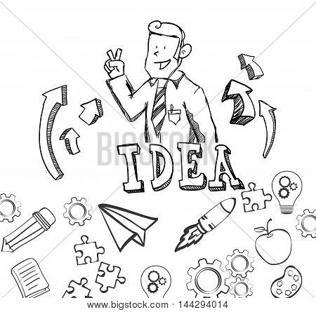 businessman paperplane apple rocket pencil book gears big and great idea creativity icon set. Sketch and draw design. Vector illustration