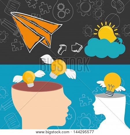 paperplane head bulb wings cloud big and great idea creativity icon set. Sketch and draw design. Vector illustration