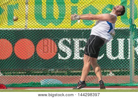 KAPFENBERG, AUSTRIA - AUGUST 8, 2015: Benjamin Siart (#166 Austria) participates in the national track and field championship.