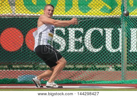 KAPFENBERG, AUSTRIA - AUGUST 8, 2015: Matthias Hayek (#26 Austria) participates in the national track and field championship.