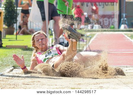 KAPFENBERG, AUSTRIA - AUGUST 9, 2015: Michaela Egger (#239 Austria) participates in the national track and field championship.