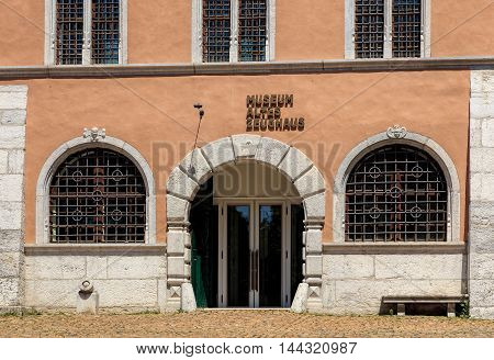 Solothurn, Switzerland - 10 July, 2016: entrance to the Old Arsenal Museum (German: Museum Altes Zeughaus). The museum has one of the largest in Switzerland collection of the historic weapons and armaments.