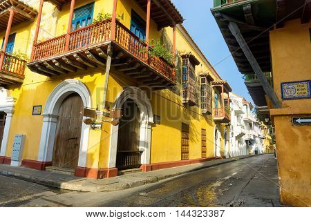 View of stunning colonial architecture in the historic center of Cartagena Colombia