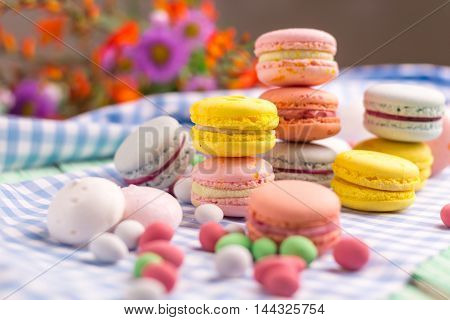 Sweet still life with macaroon cookies and marshmallow