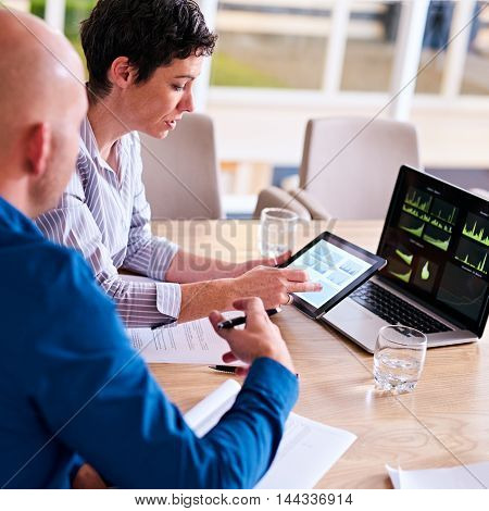 Square image of a mature businesswoman making full use of technology to fully assess their company's financial analysis with her male business partner on her tablet and computer.