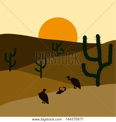 Cactus plants in desert sunset background. Vector illustration.