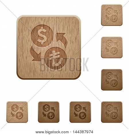 Set of carved wooden Dollar Lira exchange buttons in 8 variations.