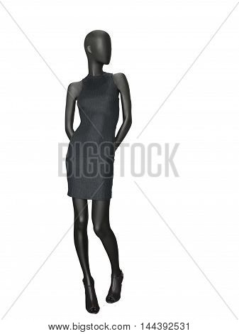 Full-length female mannequin dressed in black dress isolated on white background. No brand names or copyright objects.