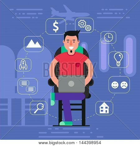 Young man sitting in chair on plane surfing inflight wi-fi concept. Vector illustration of staying online by using onboard internet access.
