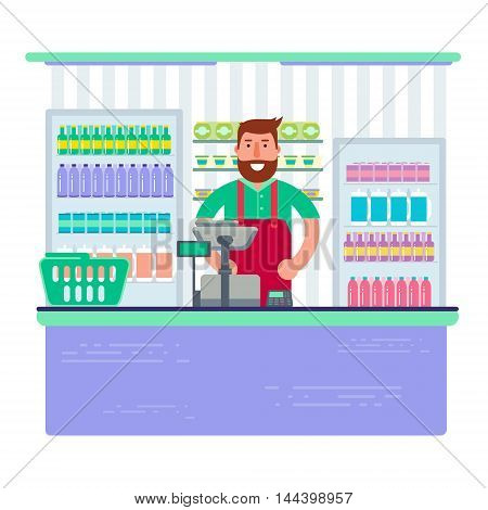 Beardy man working as cashier in shop or supermarket. Hipster retail seller at checkout in store. Vector illustration design.