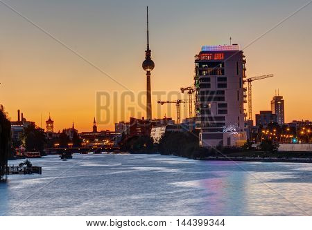 Sunset at the river Spree in Berlin with the famous Television Tower