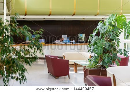 SEGET DONJI, CROATIA - AUG 20, 2014: Main hall of the Hotel Medena in Croatia. Hotel Medena is located 150m from the Adriatic Sea Coast and has 630 rooms