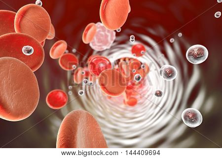 Nanoparticles in blood, 3D illustration. Conceptual image illustrating treatment and diagnostics with nanoparticles, use of nanoparticles in medicine