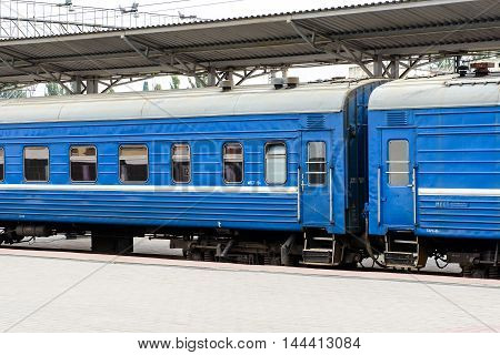BREST, BELARUS - AUG 30, 2014: Train at the Central Railway station in Brest, Belarus. Brest railway station was found in 1886
