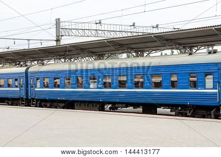 BREST, BELARUS - AUG 30, 2014: Train at the Central Railway station in Brest, Belarus. Brest railway station was found in 1886