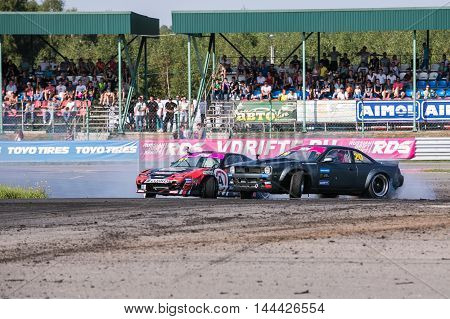 Nizhny Novgorod Russia Aug 20, 2016 : Russian Drift Series Stage 5 RDS Zapad West Alexei Chepa Golovnya vs Montenegrins Andrew. Nissan 200SX S13 S14.