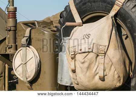 Us Military Bag And Gasoline Jerrycan On A Jeep Expostion