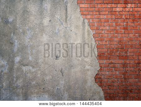 Red brickwork underneath concrete wall. Textured suface. Half painted wall. Background. Cracks and roughness.