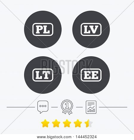 Language icons. PL, LV, LT and EE translation symbols. Poland, Latvia, Lithuania and Estonia languages. Chat, award medal and report linear icons. Star vote ranking. Vector