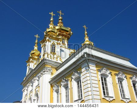 Fragment of the Church in Peterhof. Temple. Landmark. Tourist attraction. Historic monument. Monument of architecture. Tourism. Suburb of Saint Petersburg.
