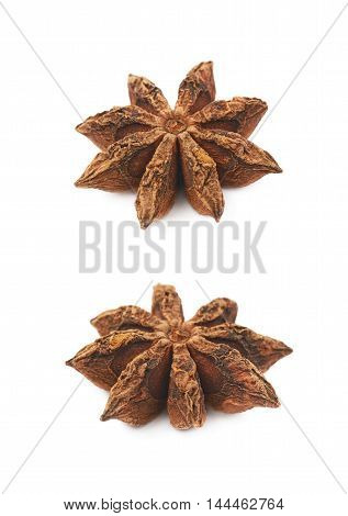Single Chinese star anise seed isolated over the white background, set of two different foreshortenings