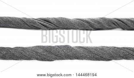 Twisted strip of gray fabric isolated over the white background, set of two different foreshortenings