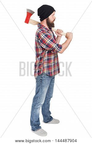 young bearded lumberjack posing with ax in his hands