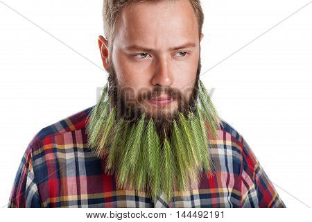 Portrait of handsome man with beard of spikelets isolated on white