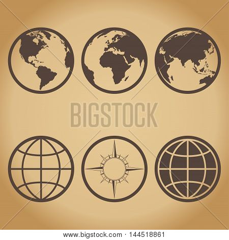Various icons of the globe with compass