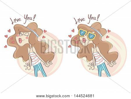 Cute, stylish fashion girl in kissing pose, set of two different version.