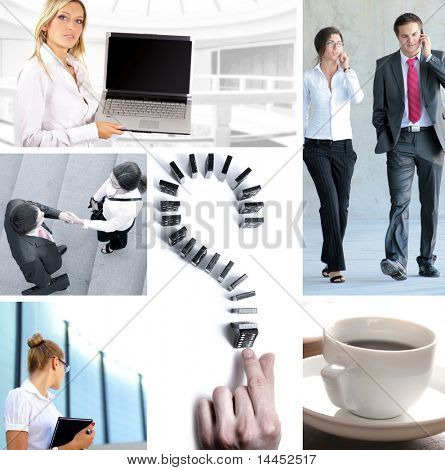 Zakelijke collage gemaakt van enkele zakelijke foto's. Het illustreert voorraad marketing, onroerend goed, techno