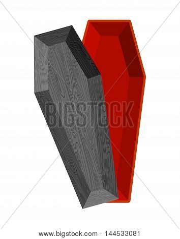 Black Open Coffin. Red Interior Of Casket. Religious Object For Burial