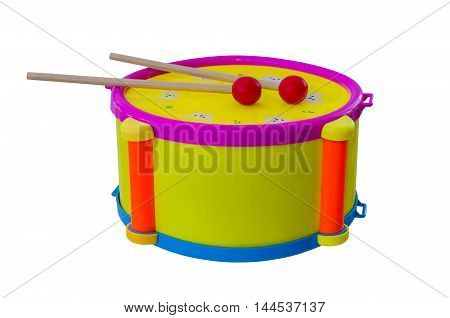 Drum with sticks children's musical instrument isolated on a background.