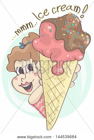 Cute, adorable girl holding huge, delicious ice cream in a cone.
