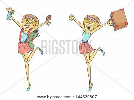 Cute, happy tourist girl, set of two characters.