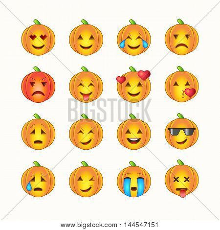 Halloween emoticon face icons set. Vector pumpkin smiley face.