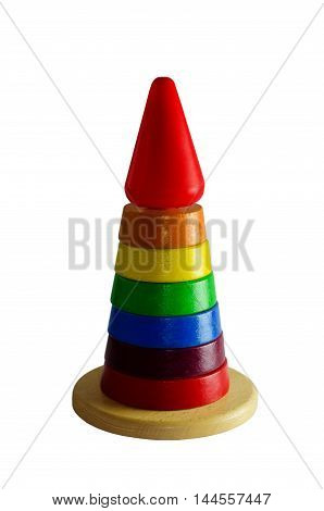 A pyramid of colorful wooden rings. Isolated on white background